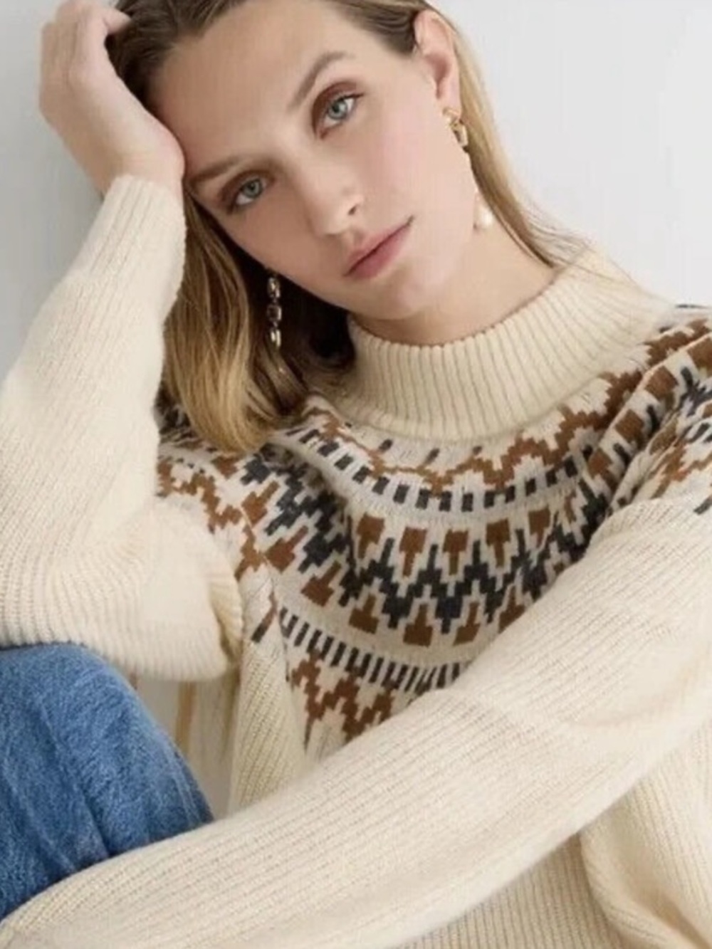 J.Crew Sweater Womens Fair Isle Mock Neck Cabin Pullover Ivory Sz S